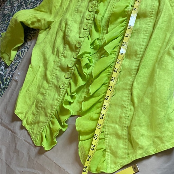 Multiples Neon Green Ruffle Button-Up Blouse - Picture 9 of 16